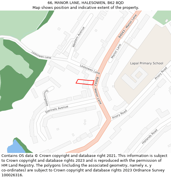 66, MANOR LANE, HALESOWEN, B62 8QD: Location map and indicative extent of plot