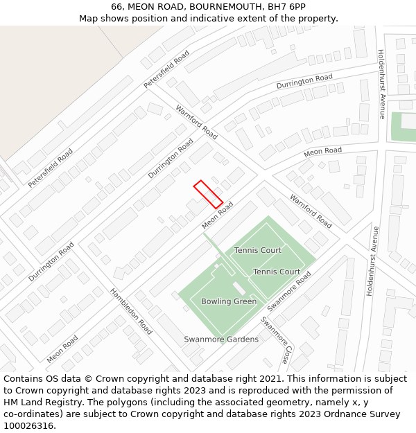 66, MEON ROAD, BOURNEMOUTH, BH7 6PP: Location map and indicative extent of plot