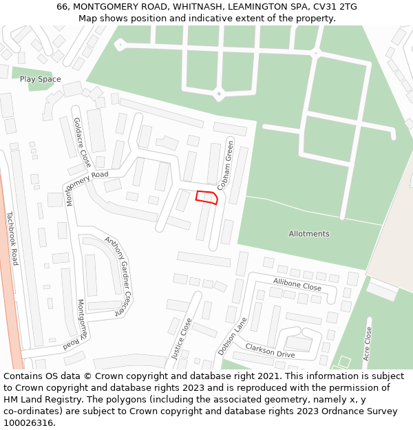 66, MONTGOMERY ROAD, WHITNASH, LEAMINGTON SPA, CV31 2TG: Location map and indicative extent of plot