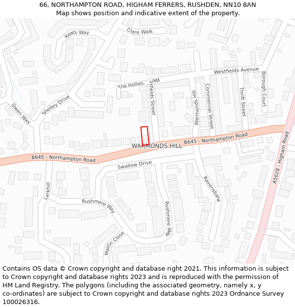 66, NORTHAMPTON ROAD, HIGHAM FERRERS, RUSHDEN, NN10 8AN: Location map and indicative extent of plot