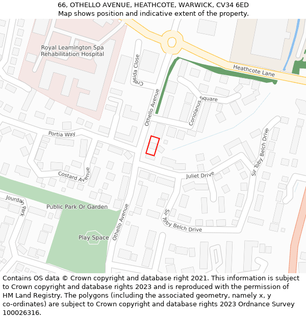 66, OTHELLO AVENUE, HEATHCOTE, WARWICK, CV34 6ED: Location map and indicative extent of plot