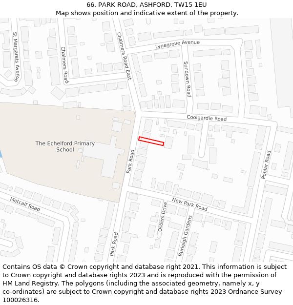66, PARK ROAD, ASHFORD, TW15 1EU: Location map and indicative extent of plot