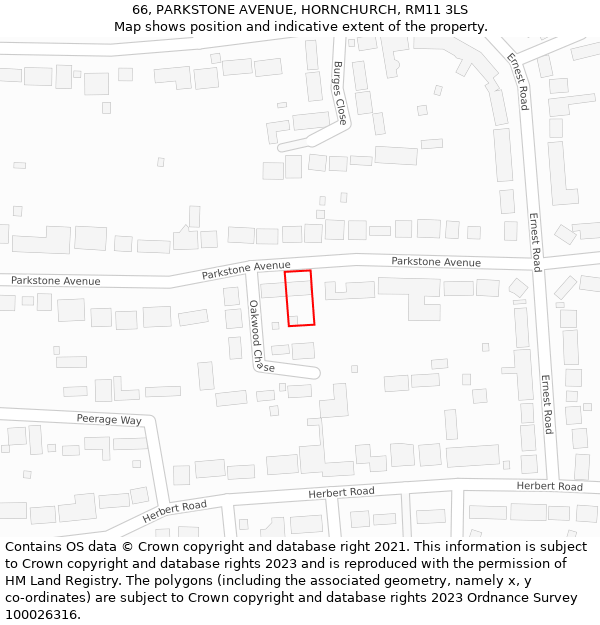 66, PARKSTONE AVENUE, HORNCHURCH, RM11 3LS: Location map and indicative extent of plot