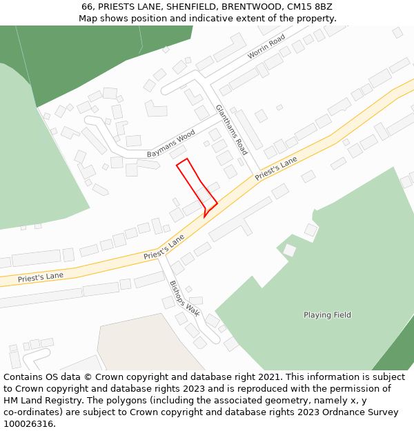 66, PRIESTS LANE, SHENFIELD, BRENTWOOD, CM15 8BZ: Location map and indicative extent of plot