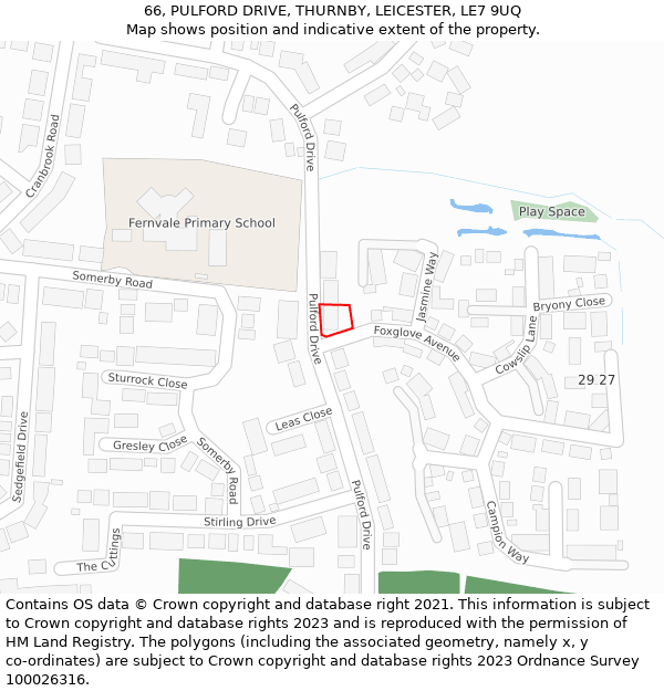 66, PULFORD DRIVE, THURNBY, LEICESTER, LE7 9UQ: Location map and indicative extent of plot