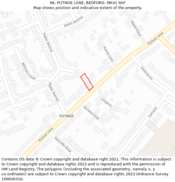 66, PUTNOE LANE, BEDFORD, MK41 9AF: Location map and indicative extent of plot