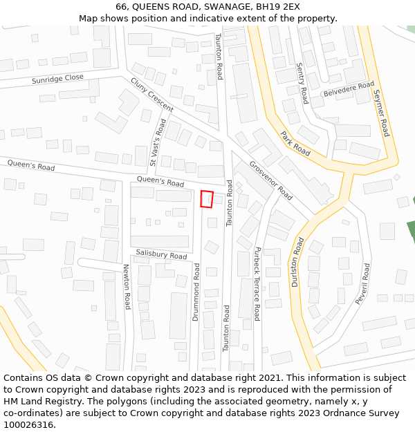 66, QUEENS ROAD, SWANAGE, BH19 2EX: Location map and indicative extent of plot