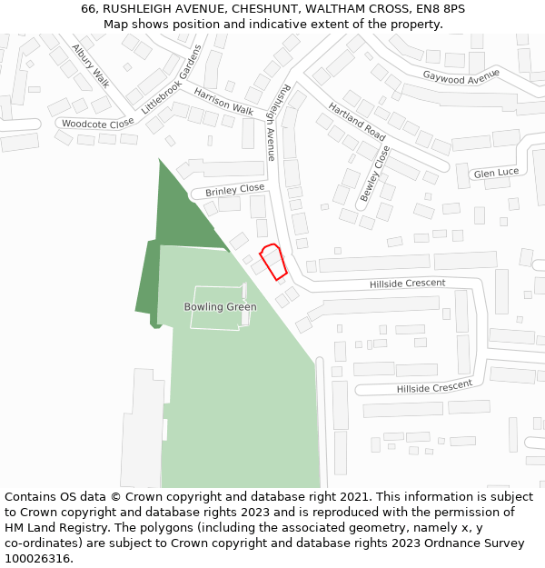 66, RUSHLEIGH AVENUE, CHESHUNT, WALTHAM CROSS, EN8 8PS: Location map and indicative extent of plot