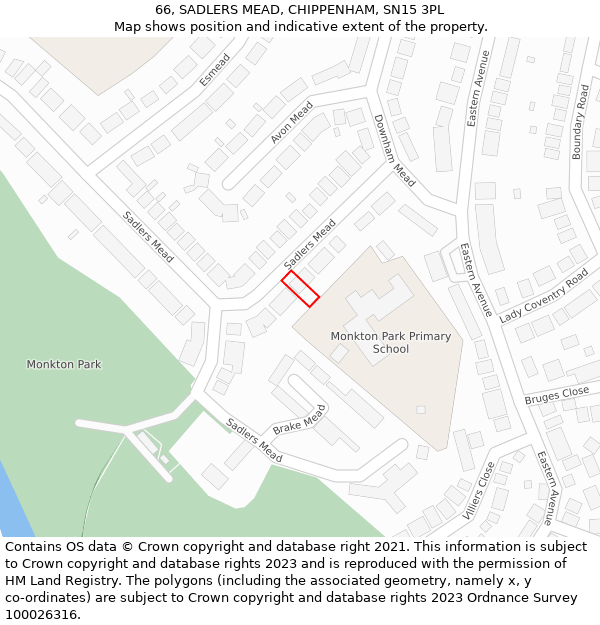 66, SADLERS MEAD, CHIPPENHAM, SN15 3PL: Location map and indicative extent of plot