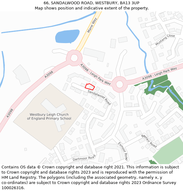 66, SANDALWOOD ROAD, WESTBURY, BA13 3UP: Location map and indicative extent of plot