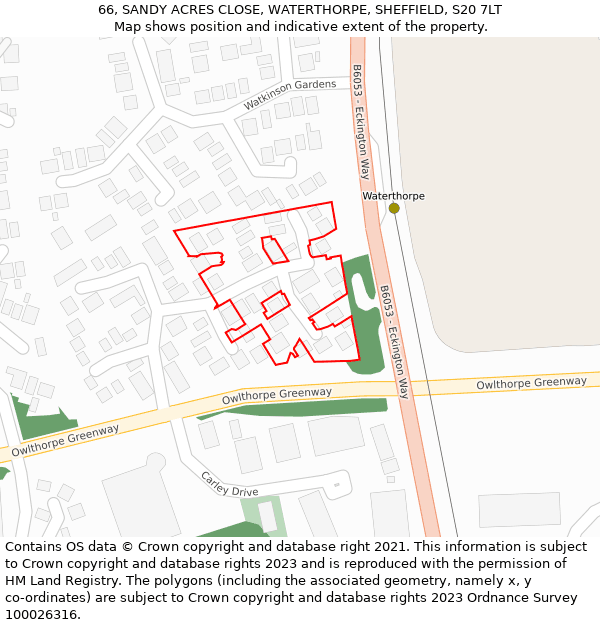 66, SANDY ACRES CLOSE, WATERTHORPE, SHEFFIELD, S20 7LT: Location map and indicative extent of plot