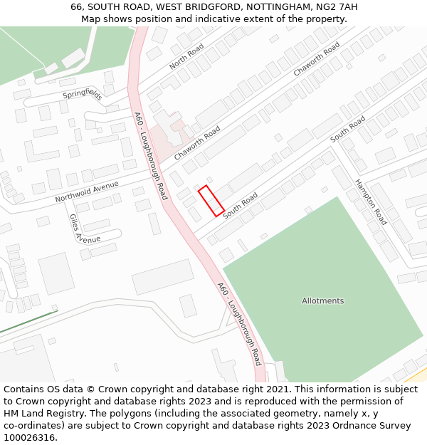 66, SOUTH ROAD, WEST BRIDGFORD, NOTTINGHAM, NG2 7AH: Location map and indicative extent of plot