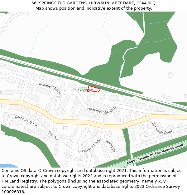 66, SPRINGFIELD GARDENS, HIRWAUN, ABERDARE, CF44 9LQ: Location map and indicative extent of plot