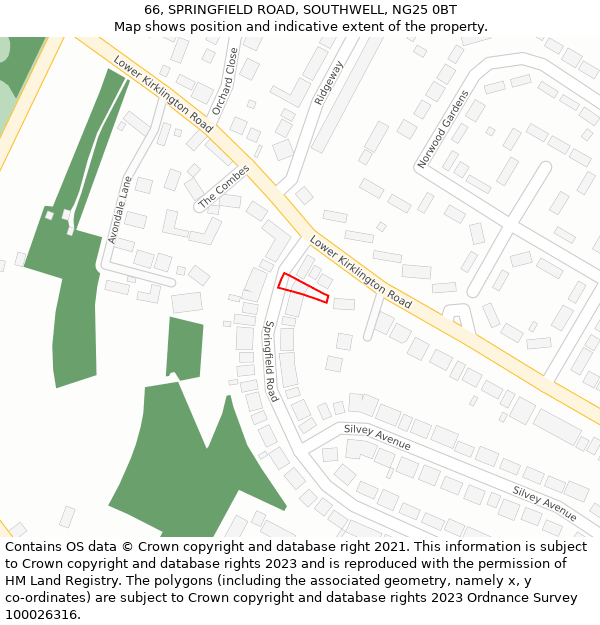 66, SPRINGFIELD ROAD, SOUTHWELL, NG25 0BT: Location map and indicative extent of plot