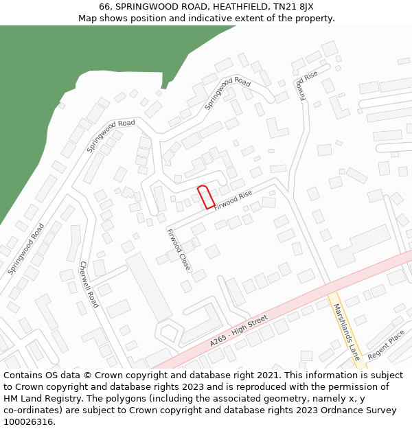 66, SPRINGWOOD ROAD, HEATHFIELD, TN21 8JX: Location map and indicative extent of plot