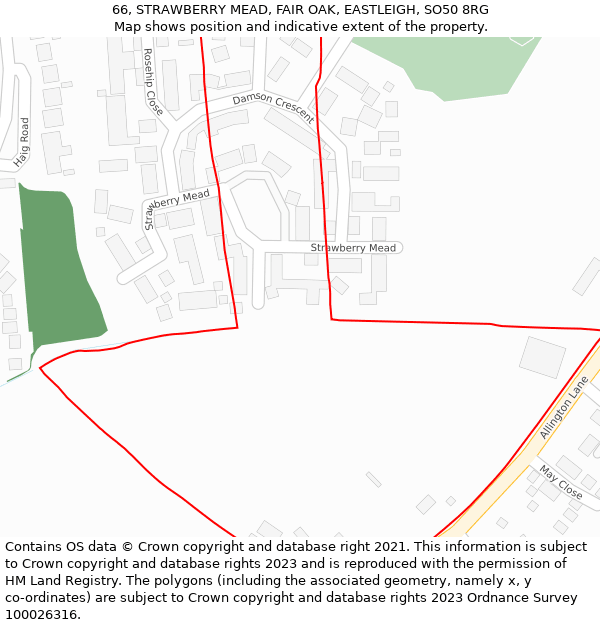 66, STRAWBERRY MEAD, FAIR OAK, EASTLEIGH, SO50 8RG: Location map and indicative extent of plot