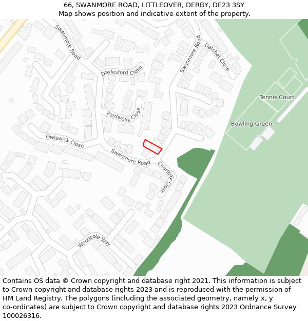 66, SWANMORE ROAD, LITTLEOVER, DERBY, DE23 3SY: Location map and indicative extent of plot