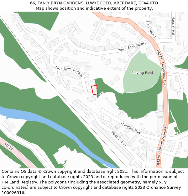 66, TAN Y BRYN GARDENS, LLWYDCOED, ABERDARE, CF44 0TQ: Location map and indicative extent of plot