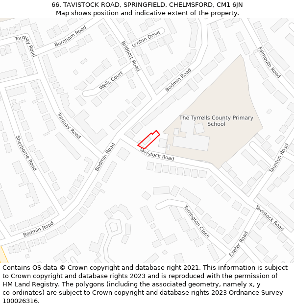 66, TAVISTOCK ROAD, SPRINGFIELD, CHELMSFORD, CM1 6JN: Location map and indicative extent of plot