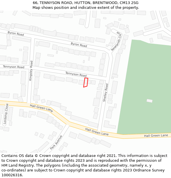 66, TENNYSON ROAD, HUTTON, BRENTWOOD, CM13 2SG: Location map and indicative extent of plot