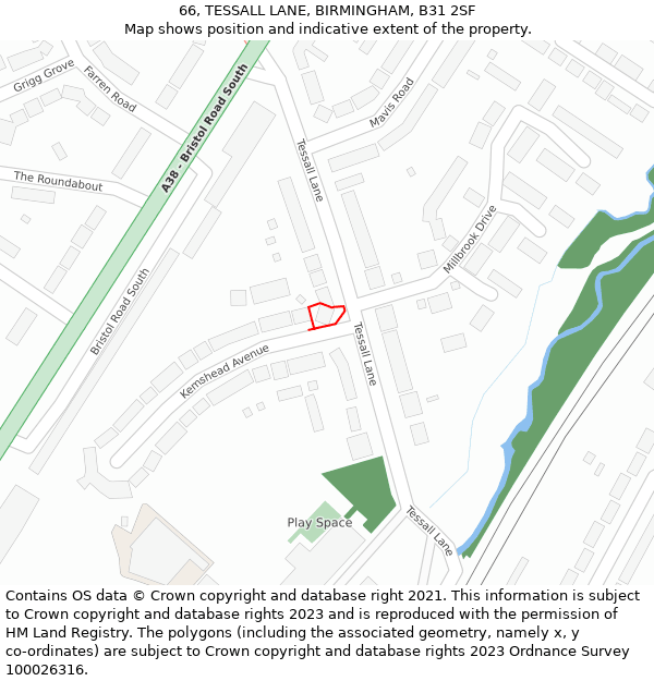 66, TESSALL LANE, BIRMINGHAM, B31 2SF: Location map and indicative extent of plot