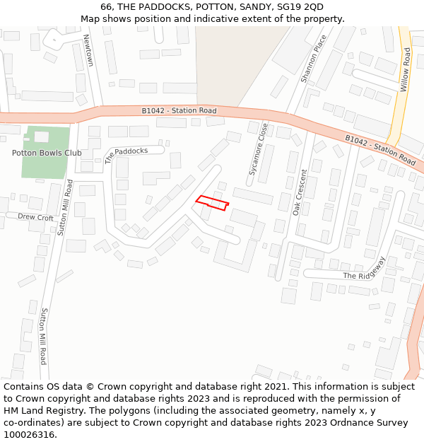 66, THE PADDOCKS, POTTON, SANDY, SG19 2QD: Location map and indicative extent of plot