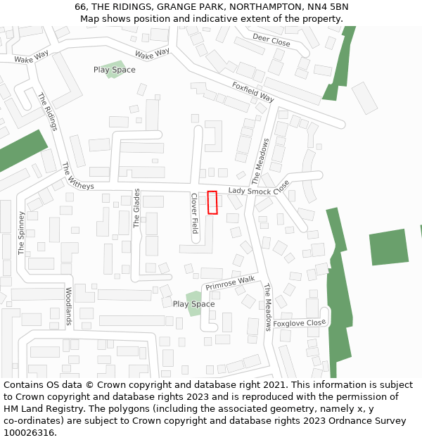 66, THE RIDINGS, GRANGE PARK, NORTHAMPTON, NN4 5BN: Location map and indicative extent of plot
