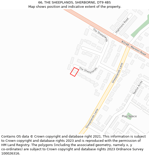 66, THE SHEEPLANDS, SHERBORNE, DT9 4BS: Location map and indicative extent of plot