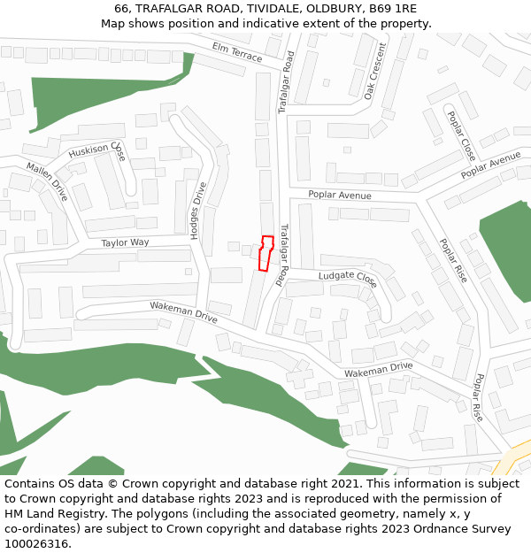 66, TRAFALGAR ROAD, TIVIDALE, OLDBURY, B69 1RE: Location map and indicative extent of plot
