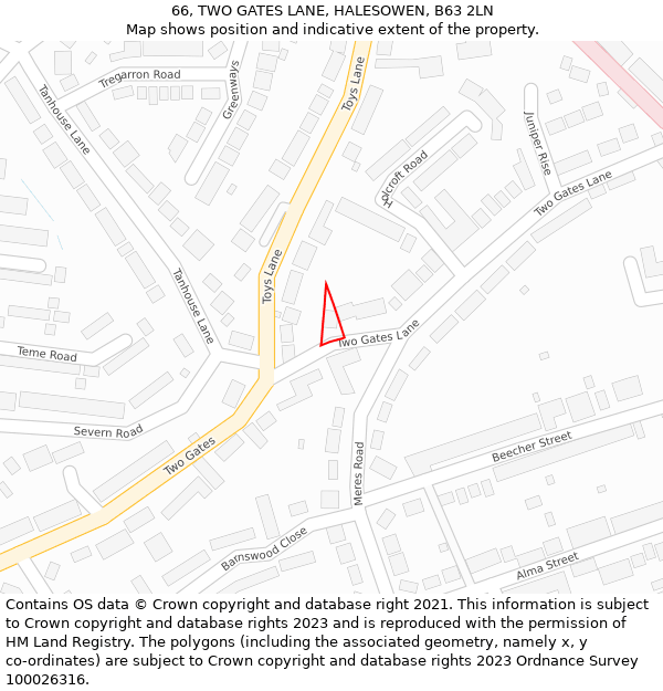 66, TWO GATES LANE, HALESOWEN, B63 2LN: Location map and indicative extent of plot