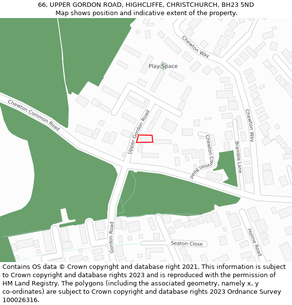 66, UPPER GORDON ROAD, HIGHCLIFFE, CHRISTCHURCH, BH23 5ND: Location map and indicative extent of plot