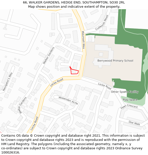66, WALKER GARDENS, HEDGE END, SOUTHAMPTON, SO30 2RL: Location map and indicative extent of plot
