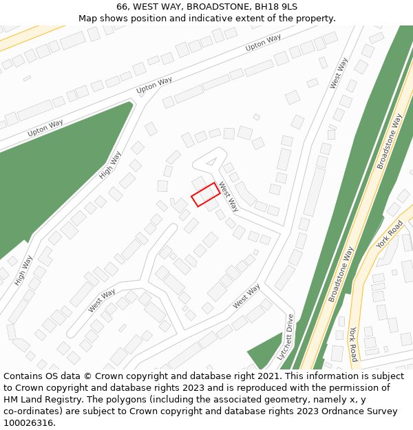 66, WEST WAY, BROADSTONE, BH18 9LS: Location map and indicative extent of plot