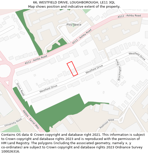 66, WESTFIELD DRIVE, LOUGHBOROUGH, LE11 3QL: Location map and indicative extent of plot