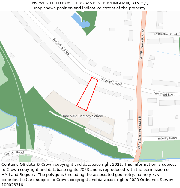 66, WESTFIELD ROAD, EDGBASTON, BIRMINGHAM, B15 3QQ: Location map and indicative extent of plot