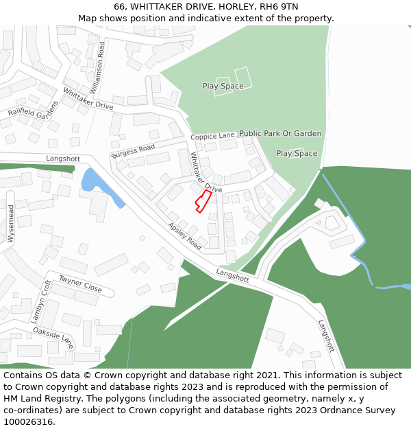 66, WHITTAKER DRIVE, HORLEY, RH6 9TN: Location map and indicative extent of plot