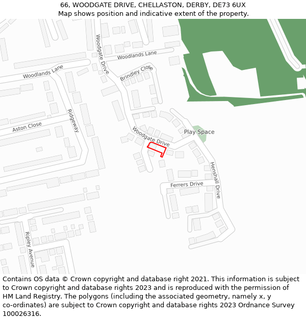 66, WOODGATE DRIVE, CHELLASTON, DERBY, DE73 6UX: Location map and indicative extent of plot