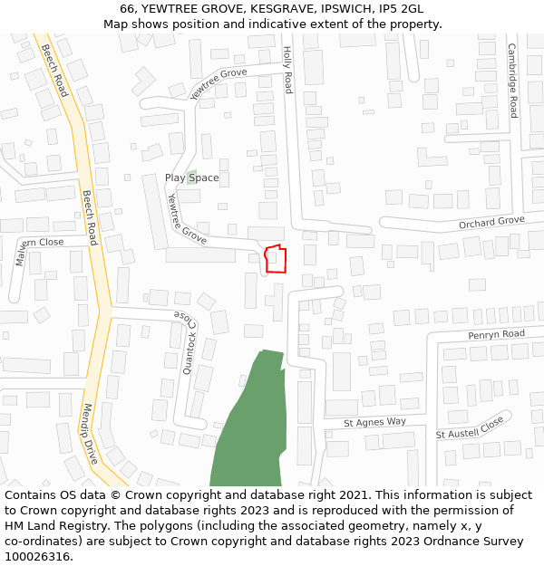 66, YEWTREE GROVE, KESGRAVE, IPSWICH, IP5 2GL: Location map and indicative extent of plot