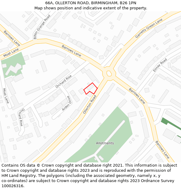 66A, OLLERTON ROAD, BIRMINGHAM, B26 1PN: Location map and indicative extent of plot