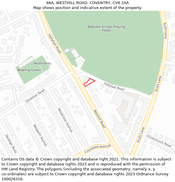 66A, WESTHILL ROAD, COVENTRY, CV6 2AA: Location map and indicative extent of plot