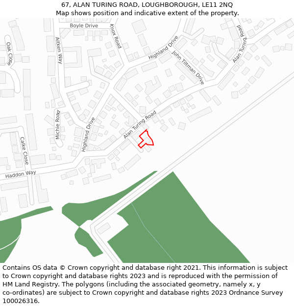 67, ALAN TURING ROAD, LOUGHBOROUGH, LE11 2NQ: Location map and indicative extent of plot