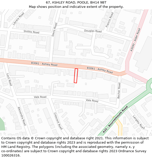 67, ASHLEY ROAD, POOLE, BH14 9BT: Location map and indicative extent of plot
