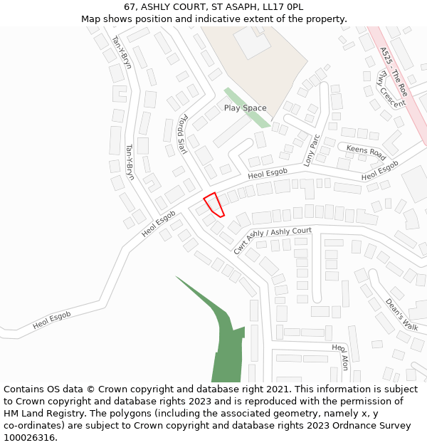 67, ASHLY COURT, ST ASAPH, LL17 0PL: Location map and indicative extent of plot