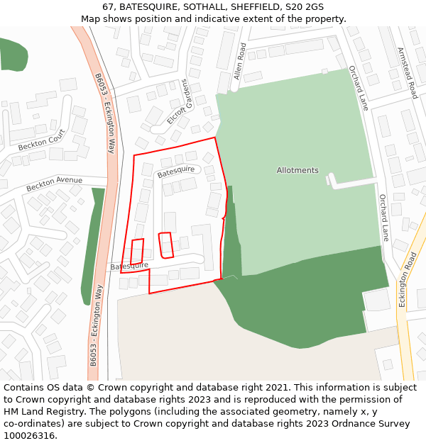 67, BATESQUIRE, SOTHALL, SHEFFIELD, S20 2GS: Location map and indicative extent of plot