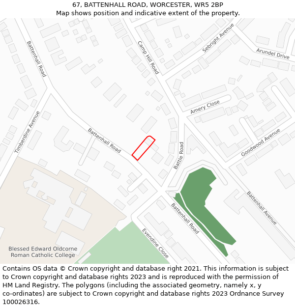 67, BATTENHALL ROAD, WORCESTER, WR5 2BP: Location map and indicative extent of plot