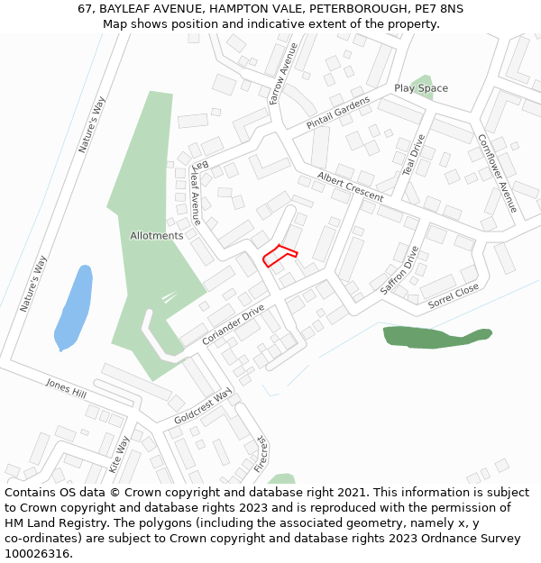 67, BAYLEAF AVENUE, HAMPTON VALE, PETERBOROUGH, PE7 8NS: Location map and indicative extent of plot