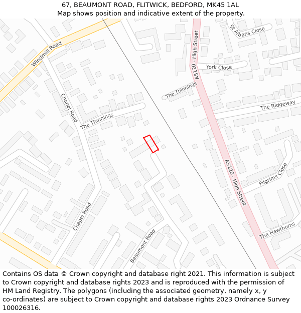 67, BEAUMONT ROAD, FLITWICK, BEDFORD, MK45 1AL: Location map and indicative extent of plot