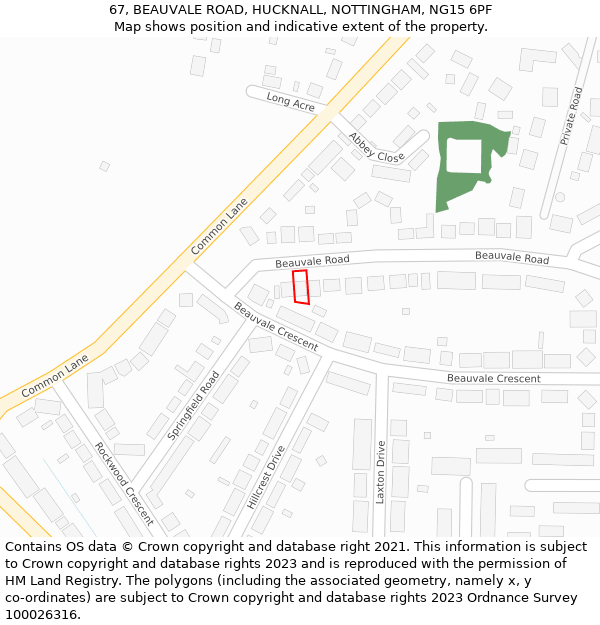 67, BEAUVALE ROAD, HUCKNALL, NOTTINGHAM, NG15 6PF: Location map and indicative extent of plot