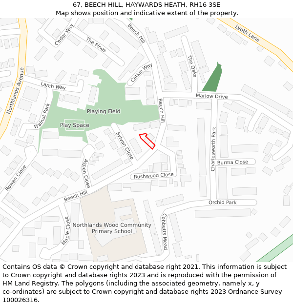 67, BEECH HILL, HAYWARDS HEATH, RH16 3SE: Location map and indicative extent of plot