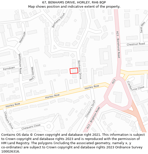 67, BENHAMS DRIVE, HORLEY, RH6 8QP: Location map and indicative extent of plot